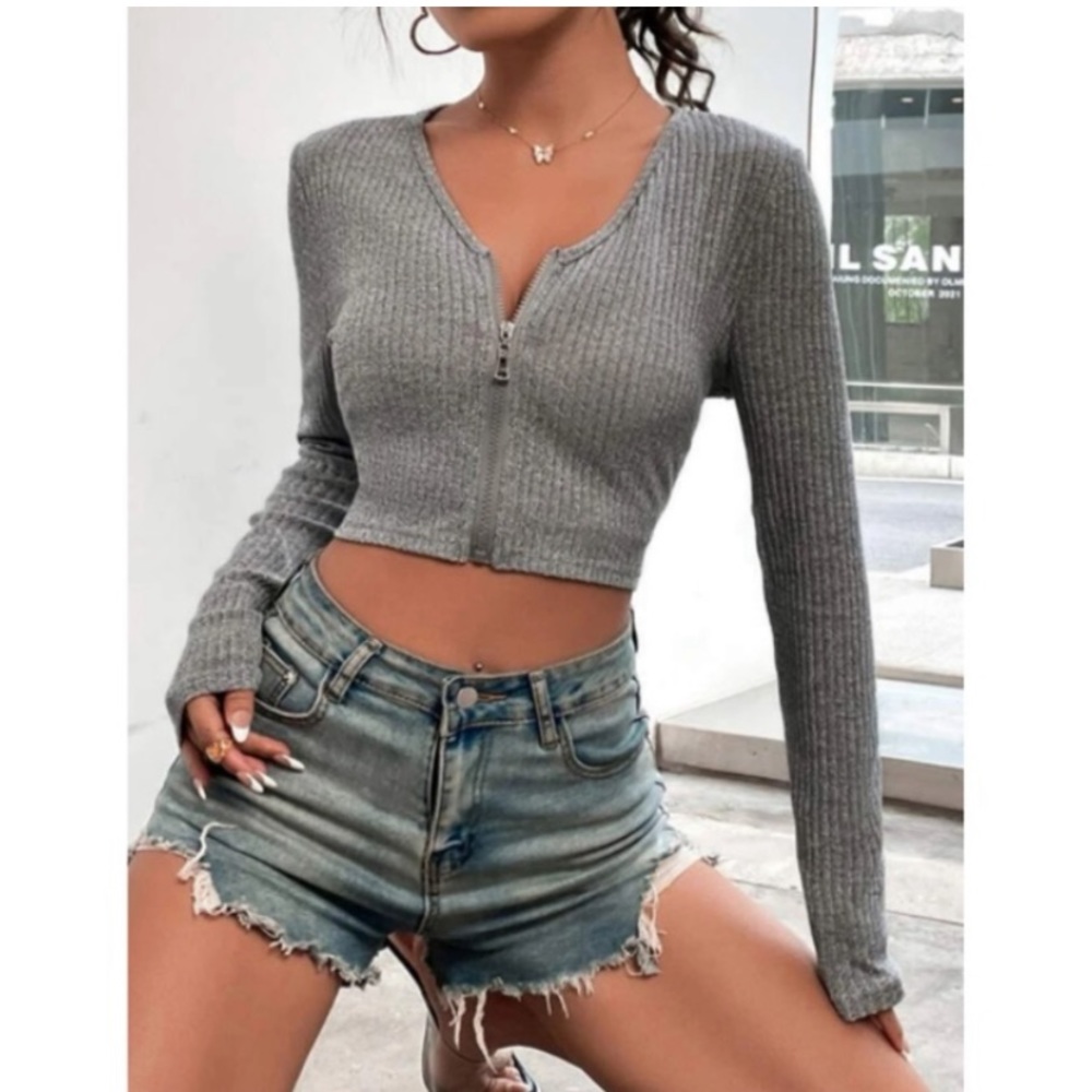 Grey Ribbed Knit Crop Top